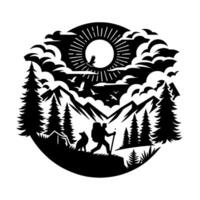 Silhouette of hiker with dog, mountains, forest, sun, and birds in a circular composition, depicting wilderness adventure. vector