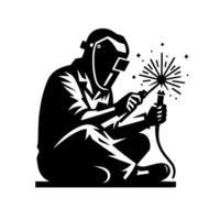 A silhouetted welder seated, midoperation, sparks emanating from the welding torch against a bright white backdrop, a study in contrasts. vector