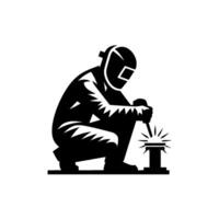 Silhouette of a crouching welder wearing a protective mask, focused on welding, with a minimalist, highcontrast on a plain white background. vector