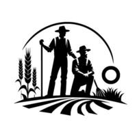 Silhouette of two farmers in a field with wheat, a barn symbol, arc symbolizing the sun or horizon, classic farming vector