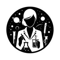 Silhouette of a female scientist in a lab coat, performing research within a starry, spacethemed circle, holding beakers and syringes. vector
