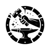 A striking blacksmith featuring a silhouetted hand wielding a hammer, striking an anvil, framed within a decorative horseshoeshaped border. vector