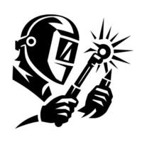 Depiction of a welder in action, seen from the side, in a bold black and white style, holding a welding torch with sparks emanating. vector