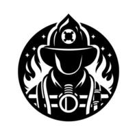 Bold black and white emblem of a firefighter courageous silhouette within a circle, encompassed by flames and stars, symbolizing bravery. vector