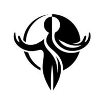 A symmetrical, minimalist featuring a stylized human figure with outstretched arms, bisected by a circle. the conveys balance and harmony in bold black and white. vector