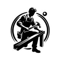 Silhouette of a carpenter kneeling and working on wood with a hammer, encircled in a decorative circle. vector