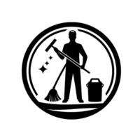 A minimalist black and white circular emblem depicts a janitor holding cleaning tools, emphasizing hygiene and cleanliness with sparkling details. vector
