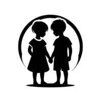 Silhouetted depiction of two children, a girl and a boy, standing closely together holding hands, framed within a stylized circular shape, conveying themes of friendship, unity, and connection. vector