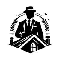 Sophisticated real estate agent in silhouette with hat, laurel wreath, and house icon, evoking confidence and expertise. vector