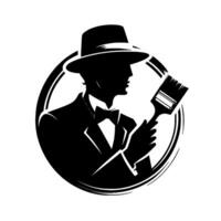 Silhouette of a dapper gentleman in a suit and fedora, holding a paintbrush within a circular frame, representing artistry and style. vector