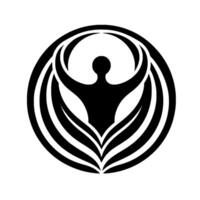 A minimalist of a human figure with outstretched arms encircled by stylized arcs and leaflike forms, creating a harmonious, abstract design. vector