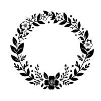 A symmetrical, monochromatic wreath of stylized floral elements, including flowers, leaves, and foliage, arranged in a circular form on a plain white background. vector