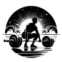 Silhouette of a weightlifter in a power stance, set against a celestial backdrop with radiating lines and starry night, symbolizing strength. vector