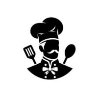 Silhouetted chef with moustache and chef hat, surrounded by kitchen utensils, simple black and white design. vector