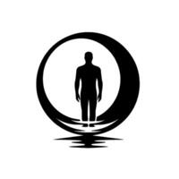 Black silhouette of a human figure within a lunar eclipse shape reflected in water, representing mystery, solitude and reflection. vector