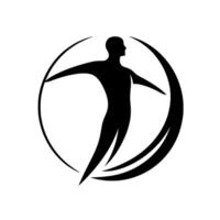 Silhouette of a person in a dynamic pose, arms outstretched, within a circle and curved line elements, conveying motion and freedom against a clean white background, suggesting growth. vector