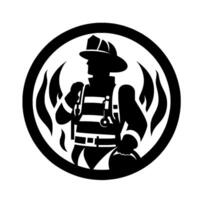 A stylized black and white silhouette of a firefighter within a circular frame, flames surround him, representing heroism and duty. vector