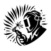 Silhouetted welder at work a dynamic black and white illustration depicting a sparkfilled scene of welding in action. vector