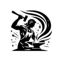 Silhouette of a blacksmith forging metal, striking with a hammer on anvil, featuring flowing swirls and sparkling starshaped accents vector