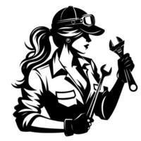 Silhouette of a skilled female mechanic, posing with wrenches, depicting strength and precision in a classic, style. vector
