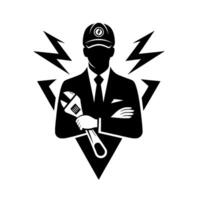 A stylized silhouette of an electrician in a suit holding a wrench, with lightning bolts and a triangular frame, emphasizing electrical expertise. vector