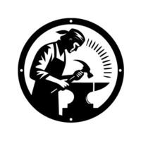 Black and white emblem of a blacksmith at work, hammering metal on an anvil within a circular frame, illustrative design. vector