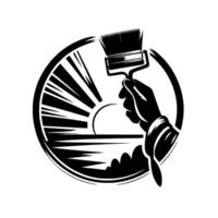 A hand holding a paintbrush, integrated within a stylized sun setting over a textured horizon within a circular frame, all rendered in bold black and white graphic. vector
