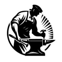 A stylized black and white depiction of a blacksmith, silhouette profile, forging metal on an anvil within a circular design, wielding tools. vector
