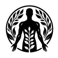 A silhouette of a human body within a circular frame, interwoven with plant motifs, symbolizing natures connection to life and wellbeing. vector