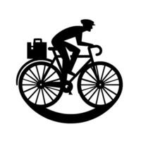 Silhouette of a man on a bicycle with a briefcase, set within a white circle and a curved base, evoking a vintage, minimalist design. vector