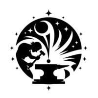 Silhouette of a blacksmith forging, hammering on anvil surrounded by a celestial circle, explosive effect, stellar embellishments, monochrome. vector