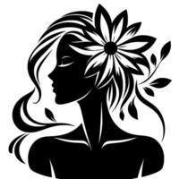 Elegant silhouette a womans profile adorned with a large flower and flowing hair, with natureinspired elements and a minimalist design. vector