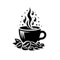 A monochrome illustration featuring a steaming coffee cup, with steam rising, surrounded by coffee beans, evoking warmth and aroma. vector