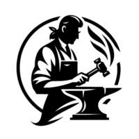 Silhouette of a blacksmith forging metal on an anvil, represented by a bold, graphic, and stylized monochrome within a circular frame. vector