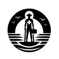 Silhouette of a medical professional with a cross emblem, holding a case and staff, framed in a circular with seagulls and stylized water, symbolizing coastal aid. vector