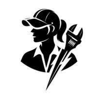Silhouette of a female mechanic with a wrench, wearing a cap, with a minimalist, stylized design, conveying strength, skill, and professionalism against a white backdrop. vector