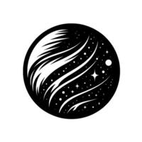 A monochrome celestial featuring a stylized planet with swirling white lines, a textured surface, star clusters and a large feathery brush stroke element. vector