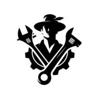 Black white silhouette of a worker with a hat, crossed wrenches, and a gear, representing mechanical expertise. vector