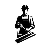 Monochrome silhouette of a carpenter crafting wood with hammer and chisels, showcasing skill and precision. vector