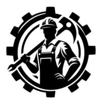 Silhouette of a construction worker with tools, within a gear, represents industry and craftsmanship, set against a stark white background for impact. vector