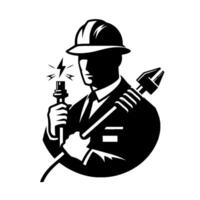 Stylized black and white illustration of an electrician in a hard hat, holding a plug with energy arcs and a wrench, symbolizing power and safety. vector
