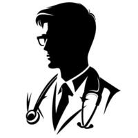 Elegant silhouette of a doctor a profile view with glasses, tie, and stethoscope, emphasizing professionalism and healthcare in a modern graphic. vector