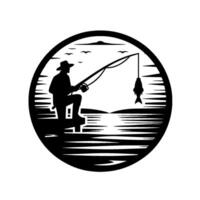 Silhouette of a fisherman in a round frame, on a dock catching a fish, birds in the sky, serene waters and distant hills, monochrome art. vector