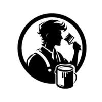 Silhouette of a painter within a circle holding a paintbrush and standing next to a paint can, showcasing professional decoration. vector