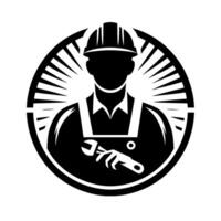 Silhouetted construction worker emblem a black and white circle depicting a professional with a wrench, set against a starburst background. vector