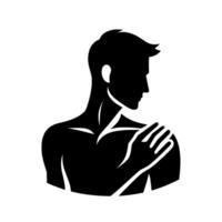 Silhouetted male figure touching shoulder, minimalist design, clean lines, monochrome, isolated against a white background, evoking introspection. vector