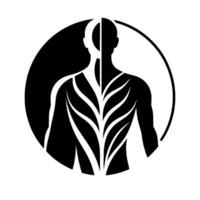 Conceptual anatomical illustration a symmetrical human back silhouette with an inner leafy pattern, divided by black and white sections within a circle. vector