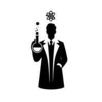 A stylized black and white silhouette of a scientist in a lab coat holding a flask with bubbling liquid, topped by an atom icon. vector
