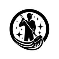 Silhouette of a cleaning professional with a mop inside a circular emblem, surrounded by sparkling stars, illustrating cleanliness and service. vector