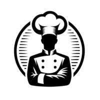 Minimalist silhouette chef black and white logo, arms crossed, within a circular decorative frame, representing culinary expertise. vector